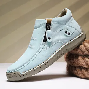 Light blue outdoor casual high-top flat leather shoes with side zipper for women