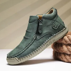 High-top green leather outdoor casual shoes with side zipper and handmade stitching