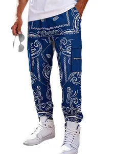 Men High Street Hip Hop Cargo Pants Paisley Print Multi Pocket Drawstring Waist West Coast Style Loose Tapered Bottoms