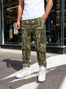 Green paisley men's hip-hop cargo pants with loose tapered fit for casual street wear