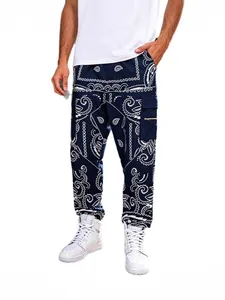 Men's hip hop paisley cargo pants in navy blue color with a high street relaxed fit