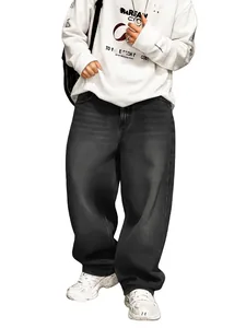 Streetwear style men's loose wide-leg jeans in washed black with distressed mud dye finish