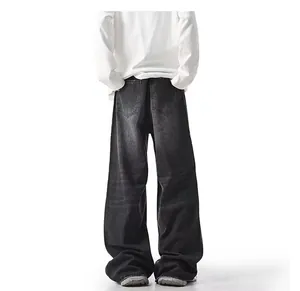 Rear view detail of loose fit washed black wide-leg denim jeans for men