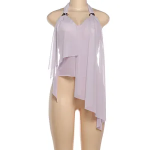 Detailed view of lavender halter neck camisole with asymmetrical chiffon overlay
