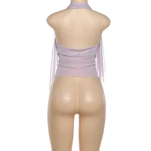 Back view detail of a lavender halter neck backless camisole with sheer mesh fabric