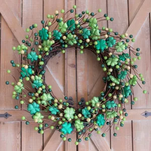St Patrick's Day Clover Wreath Irish Shamrock Garland With Green Gold Berries Rattan Ring For Front Door Home Hanging Decoration