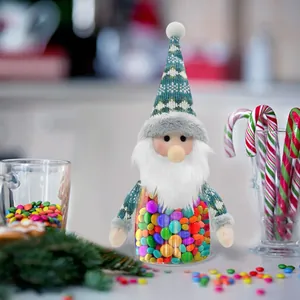 Creative Christmas gnome candy jar with plush white beard and knitted hat ornament