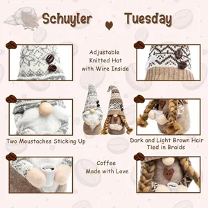 Detail view of coffee-themed gnomes showing knitted hats, braids, and miniature coffee cups