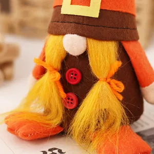 Handmade Thanksgiving gnome plush doll with yellow braids and orange hat decoration