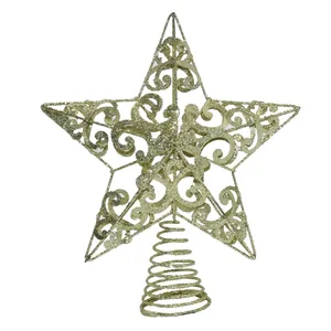 Goldschimmernder hohler Eisenstern Weihnachtsbaumspitze mit Spiralbasis