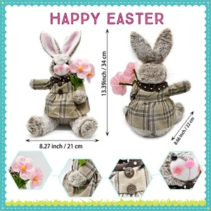 Plush Easter bunny in plaid outfit with flowers, cute stuffed rabbit spring home decor.
