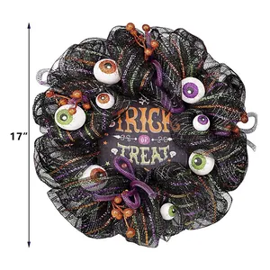 17 inch Halloween door wreath with black mesh ribbons and colorful glowing eyeball decorations