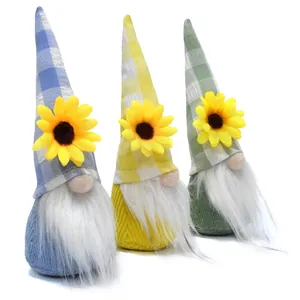 Detailed view of three spring gnomes featuring sunflower accents and colorful checkered hats.