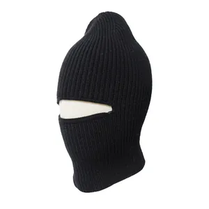 Side profile close-up of a black ribbed knit balaclava for winter warmth protection.