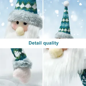 Detailed view of handmade Christmas gnome candy jar with white beard and knit hat