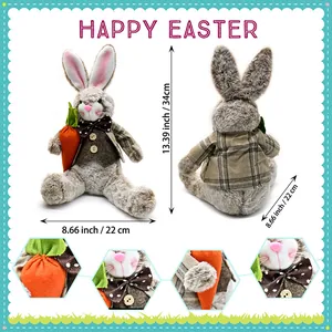 Adorable Easter plush bunny decoration with carrot and plaid shirt 13.4 inches tall