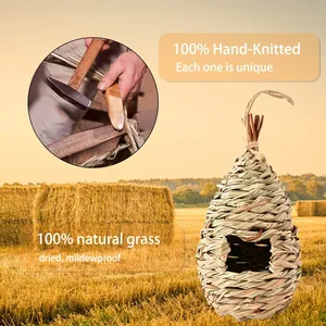 Hand-woven natural grass birdhouse detail showing 100% hand-knitted craftsmanship