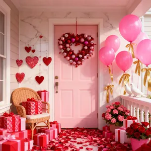 Couronne de porte de Saint-Valentin en forme de cœur avec boules roses et rouges