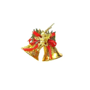 Festive 4.5cm golden electroplated Christmas bells with red bow and angel ornament for tree