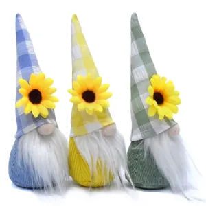 Detailed macro shot of three sunflower gnome dolls with colorful plaid hats and white beards