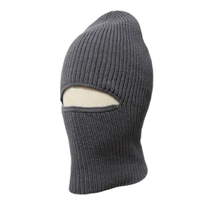 Close-up of a premium grey ribbed knit balaclava for extreme winter wind protection