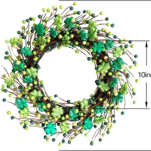 10 inch St. Patrick's Day wreath with green shamrocks and golden berries decoration