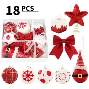 Red And White Glitter Christmas Tree Top Star Bow Ball Ornament Assortment Foam Plastic Holiday Hanging Decor Collection