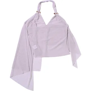 Back view detail of a light purple halter neck top showing tag and irregular hem
