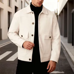 Heren off-white overshirt jasje met woltextuur, reverskraag en opgestikte zakken