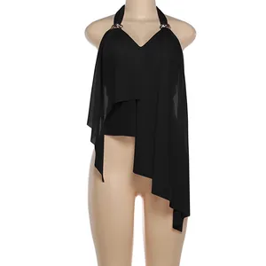Elegant black halter tank top featuring V-neck and asymmetrical draped hem details