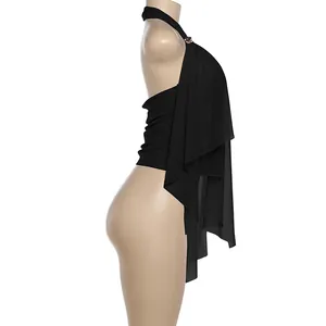 Elegant black halter backless top featuring irregular draping and chic metallic detail