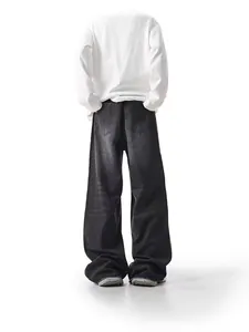 Men's loose wide-leg jeans with vintage washed black finish, baggy streetwear style