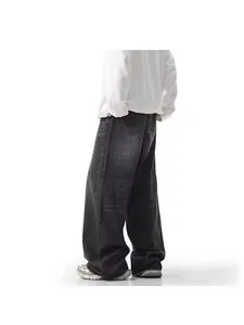 Men's relaxed fit washed black wide-leg denim jeans with vintage faded finish