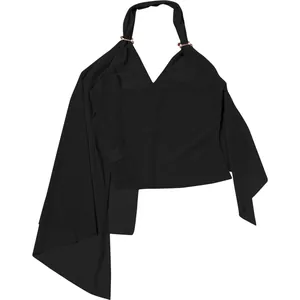 Close-up detail shot of a black halter neck top with asymmetrical draped cape element.