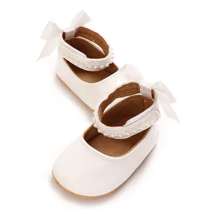 Elegant white PU leather baby girl princess shoes with bow and pearl strap detail