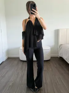 Elegant black irregular halter neck V-neck sleeveless top for stylish women fashion