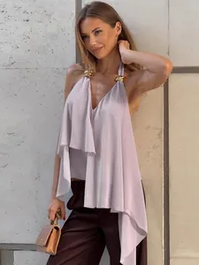 Elegant lavender halter neck backless top with deep V-neck and stylish irregular ruffled hem