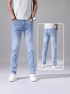 Premium men's slim fit stretch jeans in light blue denim, front and rear perspective views