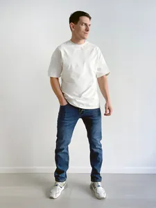 Classic men's slim straight stretch jeans in deep blue denim for casual summer wear