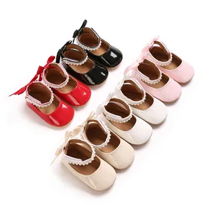 Infant Baby Girl Princess Shoes Soft Sole 0-12 Months Toddler First Walkers Patent Leather Bow Pearl Ankle Strap Party Shoes