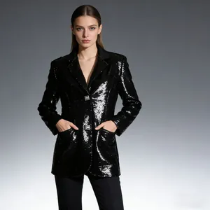 Stylish black sequined blazer jacket for women, perfect for evening party or gala events.