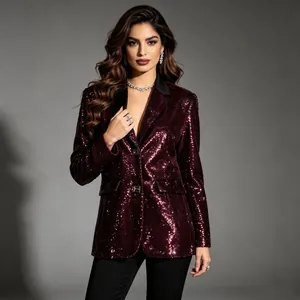 Close-up of elegant women's maroon sequin blazer with black lapels and shimmering finish