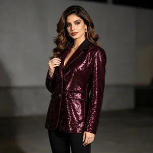 Elegant burgundy sequin blazer for women with black lapels and shimmering finish