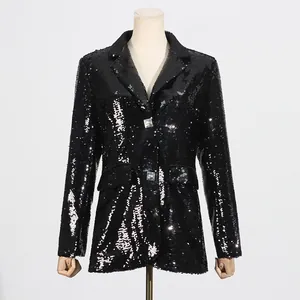 Detailed view of a glittering black sequin blazer for women with stylish notched lapels