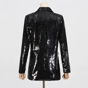 Back view detail of a stylish black sequined blazer for women with reflective shimmer.