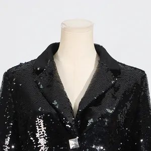 Close-up of black sequined women's blazer featuring stylish notched lapel