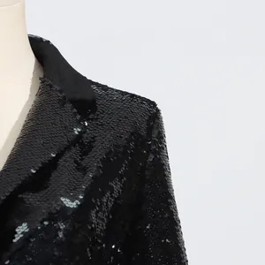 Close-up detail of black sequin blazer jacket shoulder showing shimmering textured finish