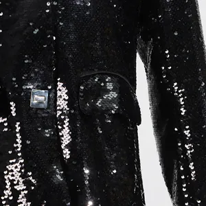 Close-up detail of black sequin blazer showing shimmering texture and silver button