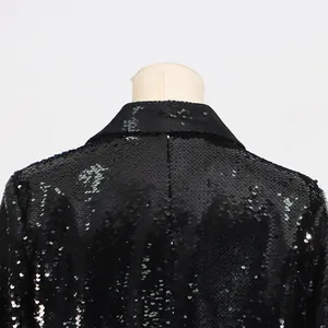 Detailed macro view of black sequin blazer collar highlighting shimmering fabric