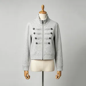Grey women's military style zip-up jacket with decorative buttons and structured fit.
